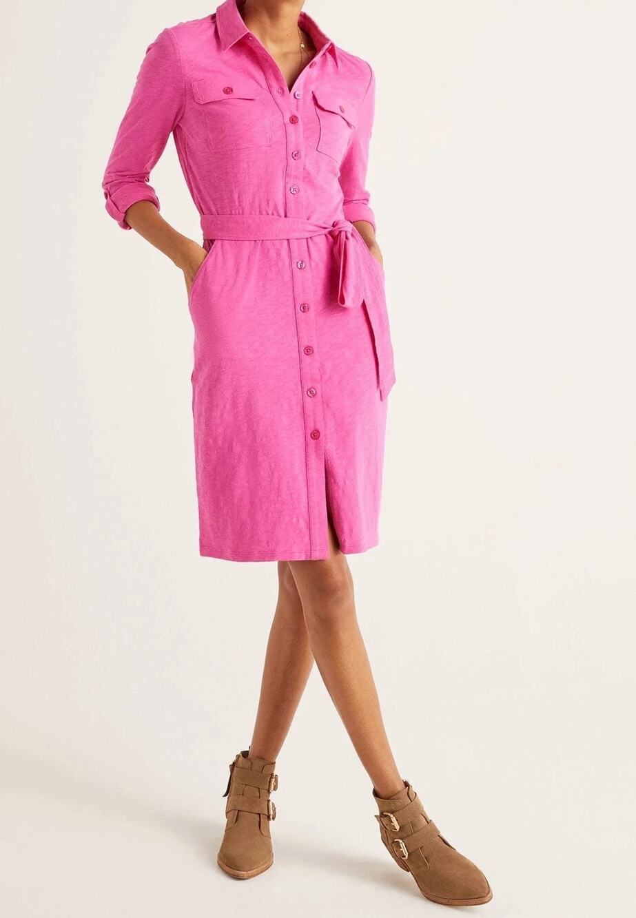 Boden Bright Pink Cotton Belted Shirt Dress Size US 14R / UK 18